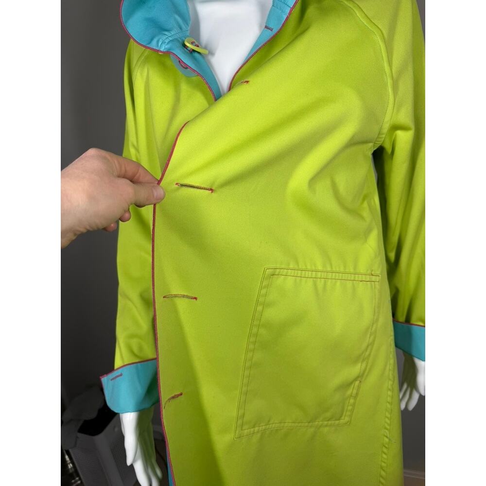 UBU Piped Reversible Parisian Style Bright Blue Lime Green Hooded Raincoat Small - Picture 9 of 11